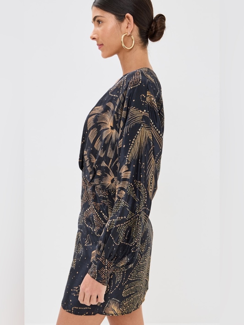 Farm Rio Golden Foliage Black Mini Puffy Sleeve Dress | L - Picture 3 of 8
